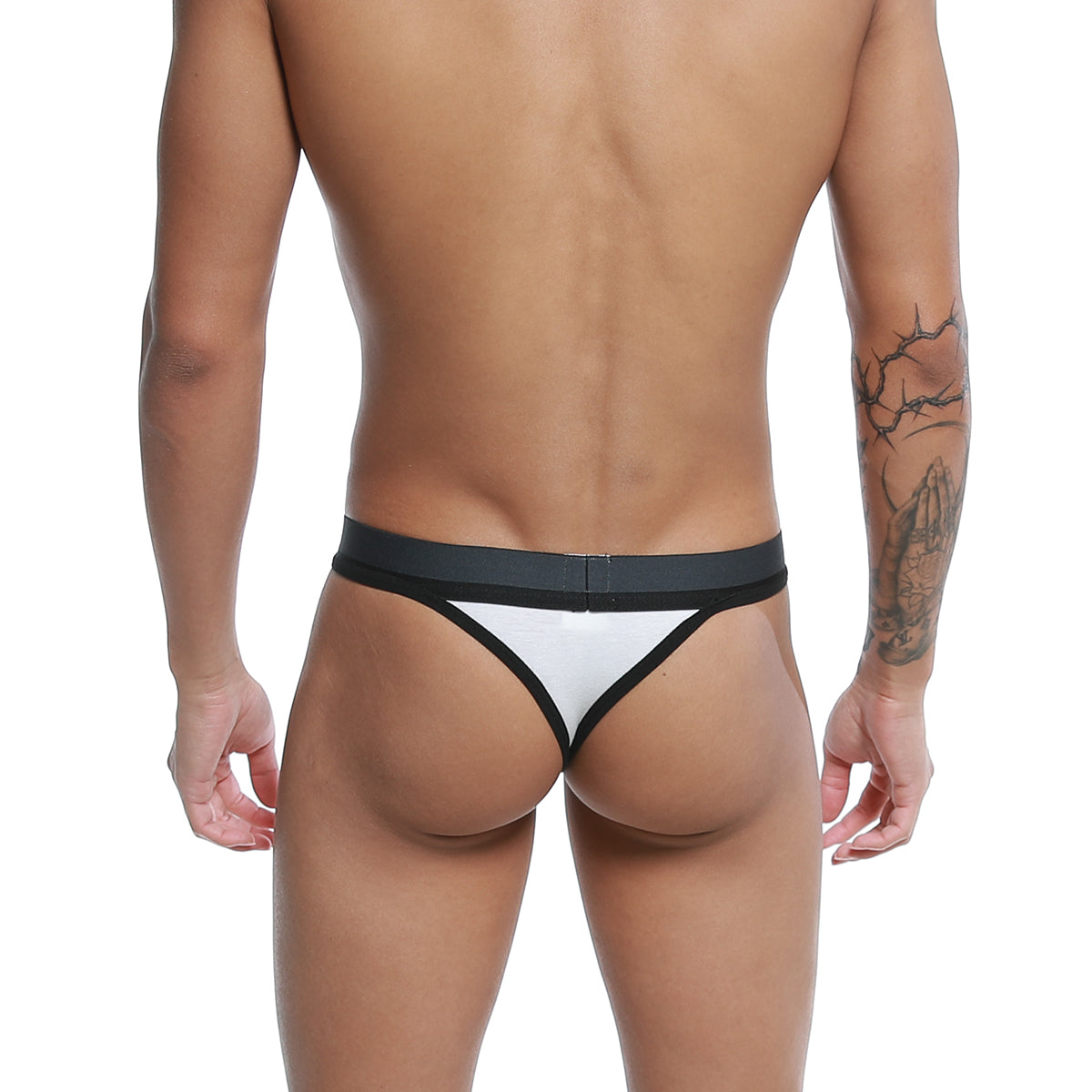 White and black u-station talent thong with sleek minimalist design and wide elastic waistband shown from the back