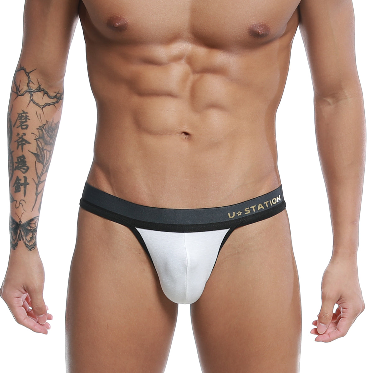 White u station talent thong with black waistband showing front design in soft fabric for comfortable wear