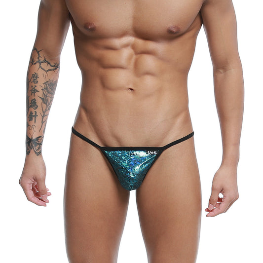 Shiny teal sequined u-station string thong with black trim and shiny material in blue peacock color front view