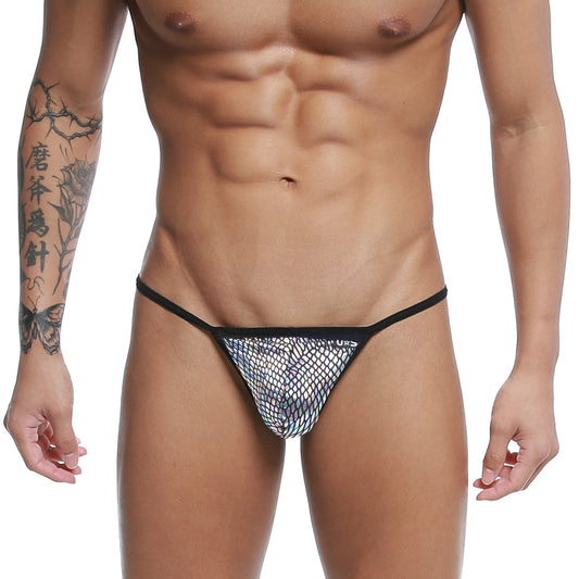 Black-trimmed mesh string thong with shimmering iridescent pattern u-station technic u0304-992 front view
