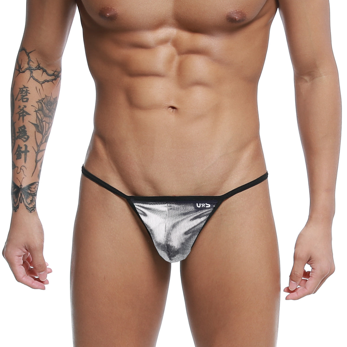 Silver metallic mesh string thong with black trim and small uxs logo on waistband u station silver armed u0304-993