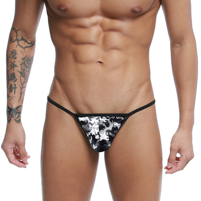 Black and white camouflage pattern u-station string thong with black waistband and urs brand logo front view