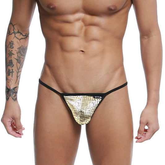 U-Station string thong gold with gold metallic snake-scale pattern black trim and small uks logo on the side