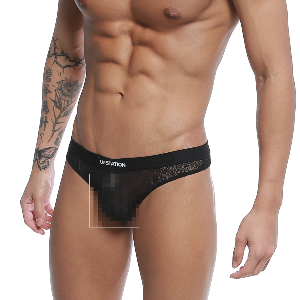 Black lace-trimmed u-station love thong briefs with branded waistband in black showing front side details