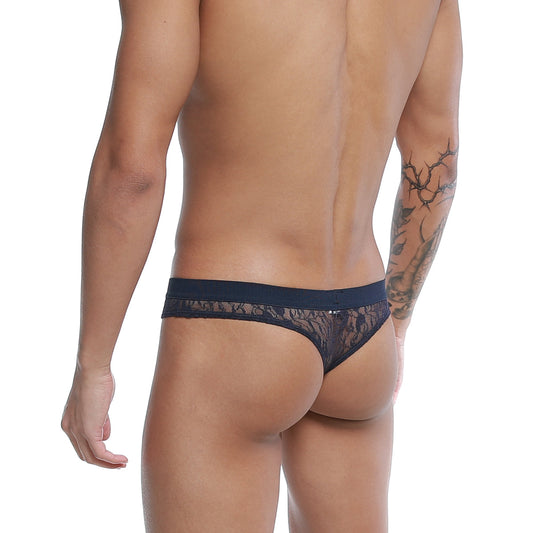 Black lace thong with a solid navy waistband u station love thong blue u0404-199 shown from the back side