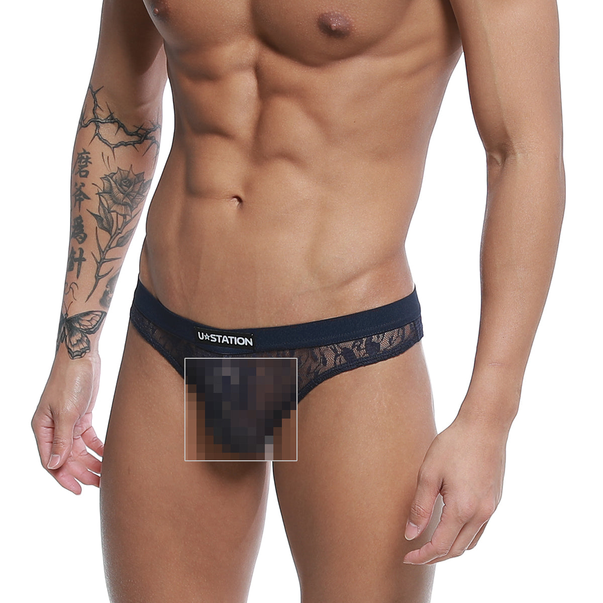 Black lace thong with branded waistband in blue u-station love thong u0404-199 shown from the back side