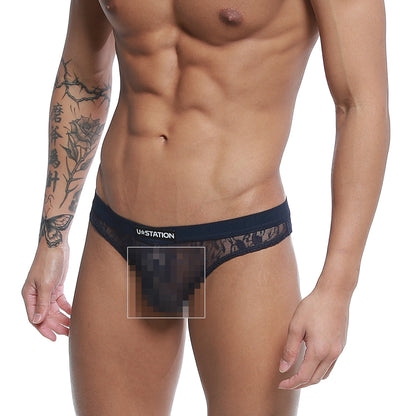 Black lace thong with branded waistband in blue u-station love thong u0404-199 shown from the back side