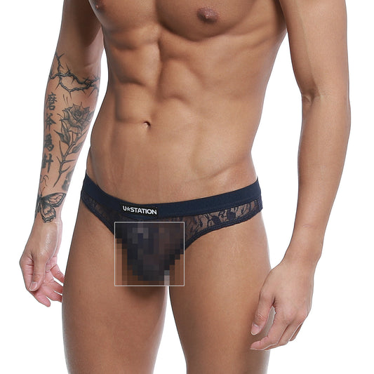 Black lace thong with branded waistband in blue u-station love thong u0404-199 shown from the back side