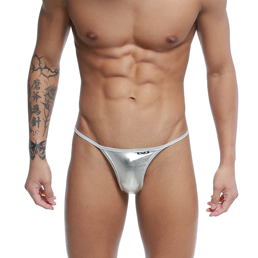 Silver metallic thong u-station trendy thong silver u1114-040 with subtle logo on waistband front view