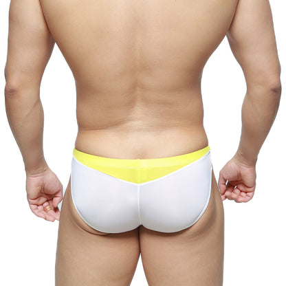 White briefs with a bright yellow waistband from U-Station Fab Brief black U2302-001 showcasing contrast design