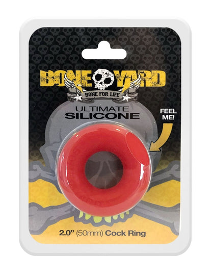 Red silicone cock ring 2 inch diameter packaged with skull design and bone yard branding ultimate silicone ring red