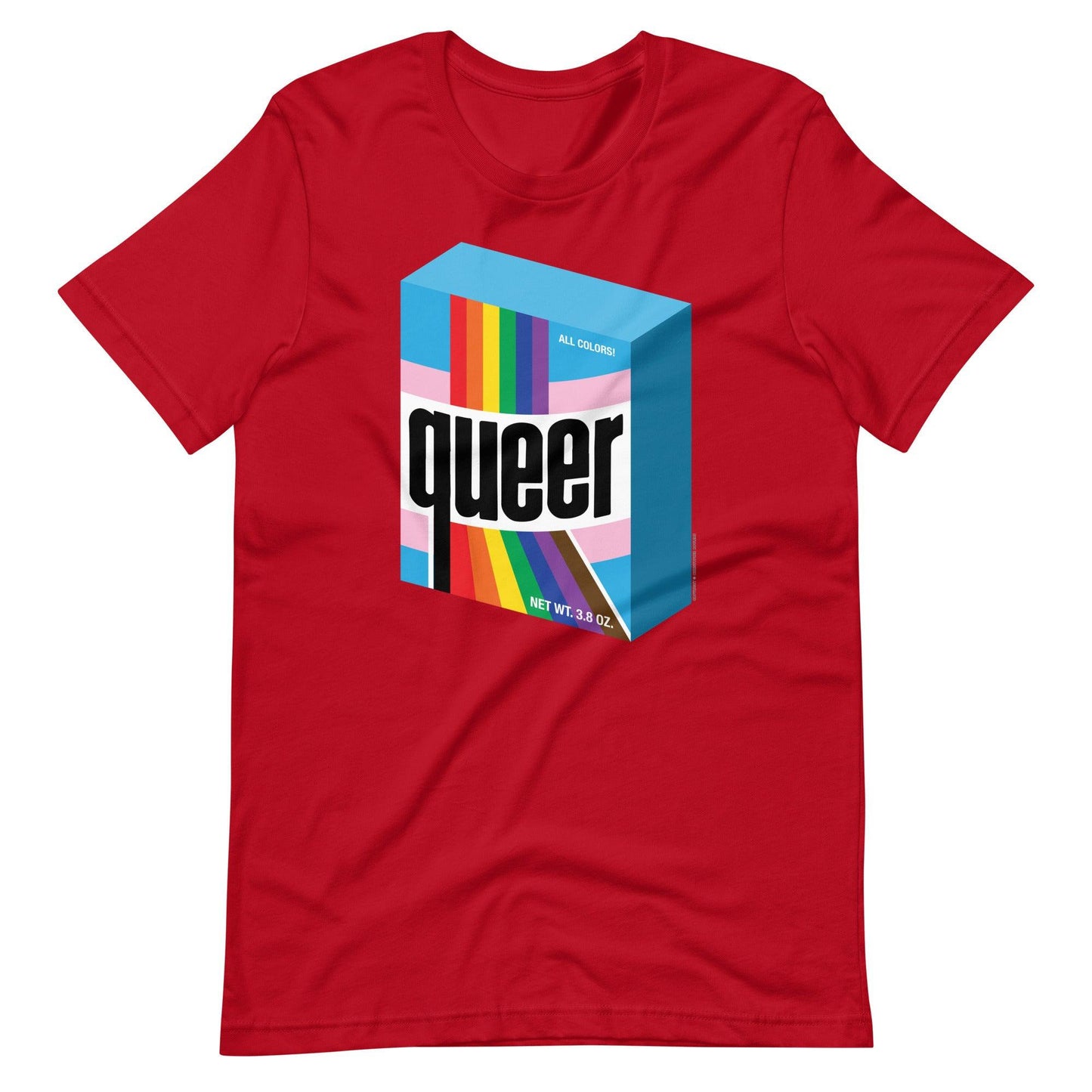 Red short-sleeved cotton t-shirt featuring a colorful rainbow-striped box with the word queer in bold black letters