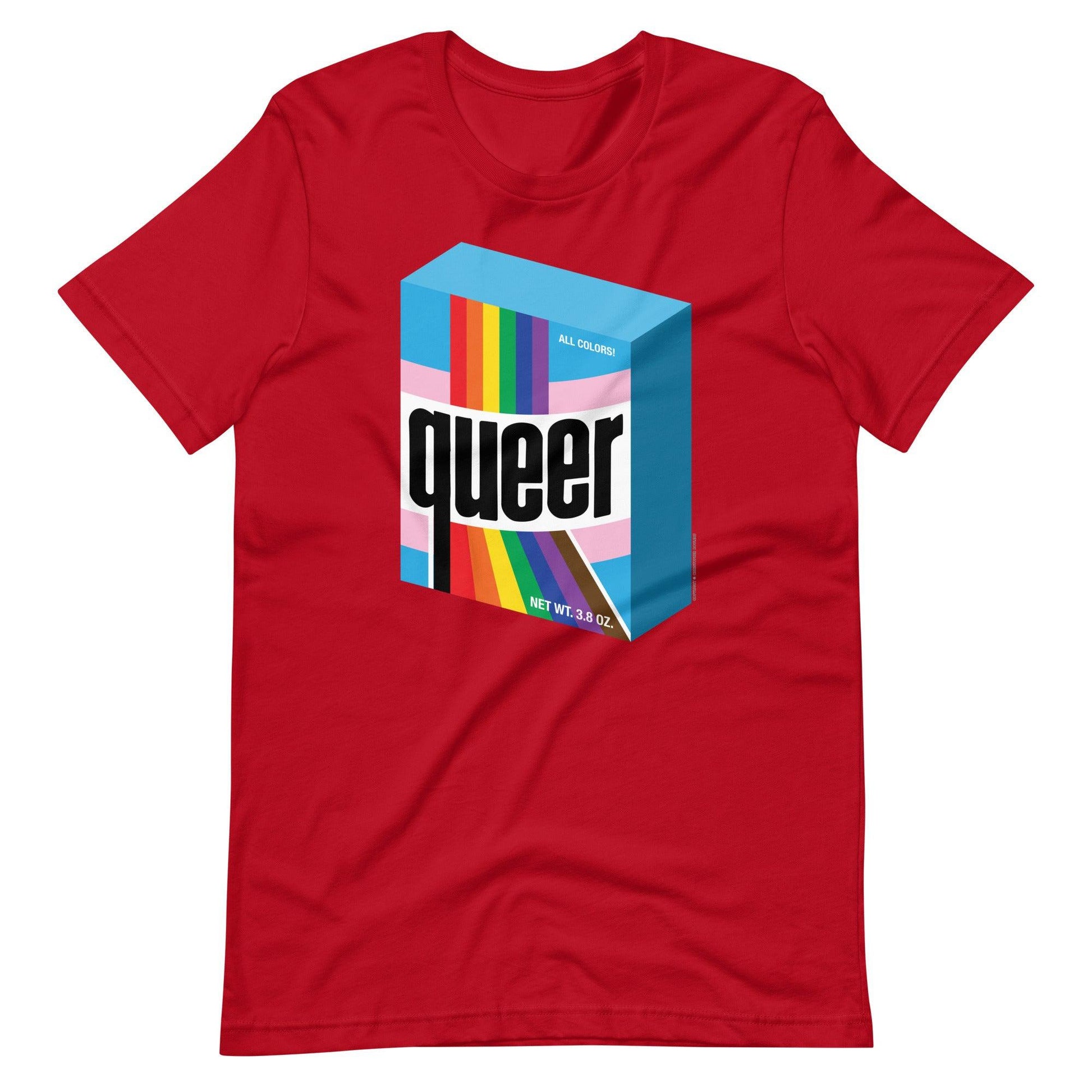 Red short-sleeved cotton t-shirt featuring a colorful rainbow-striped box with the word queer in bold black letters