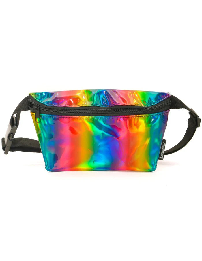 Ultra slim fanny pack with vibrant holographic rainbow pattern black zipper and adjustable strap