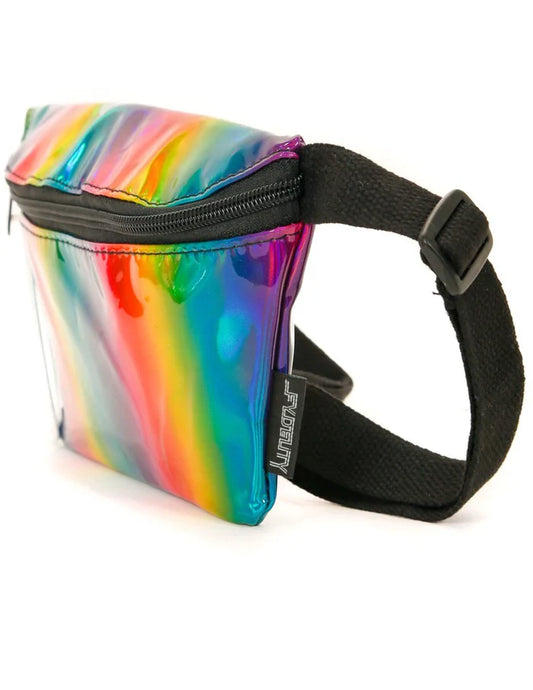 Ultra slim fanny pack with shiny rainbow holographic material black zipper and adjustable strap for hands free wear