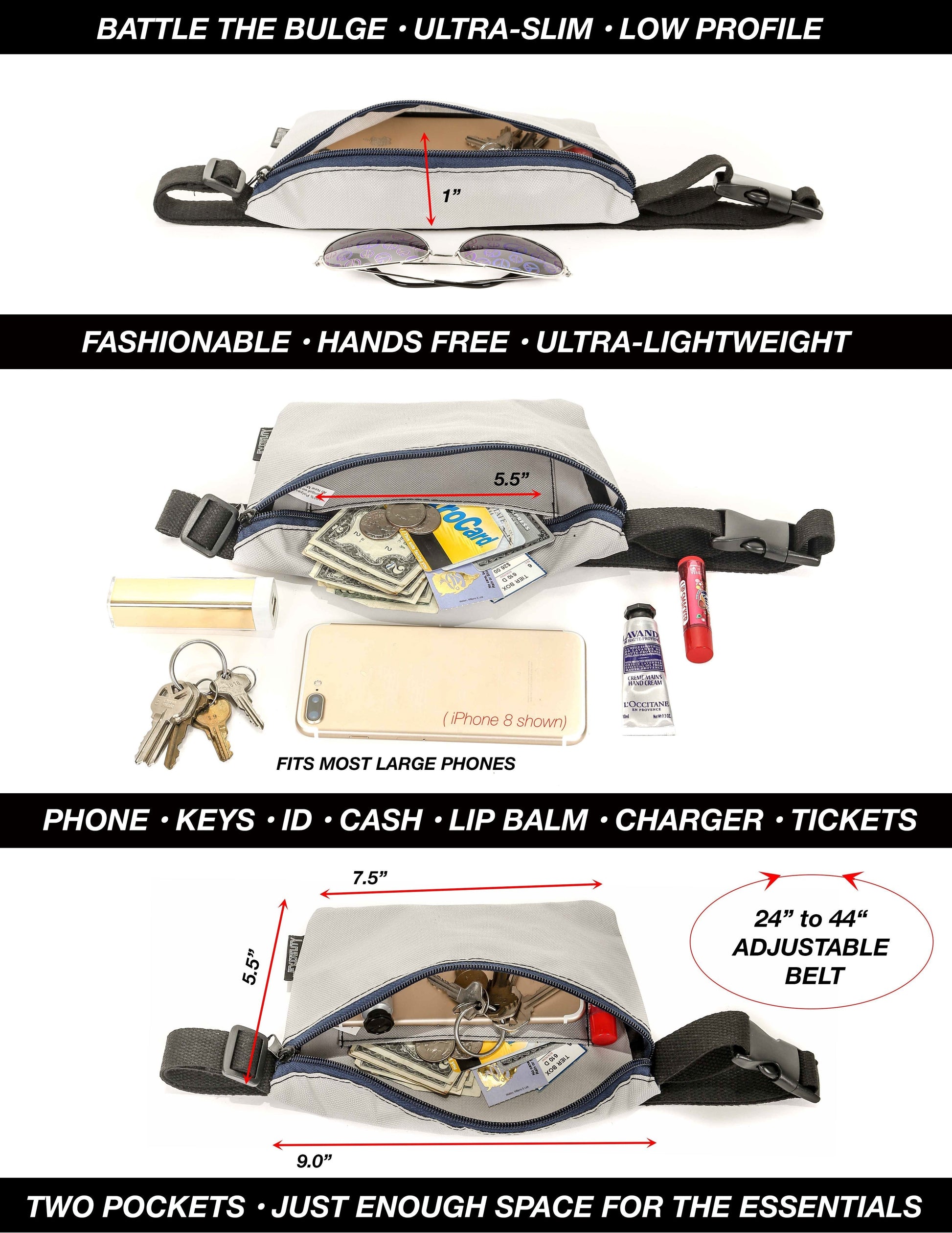 Gray ultra slim fanny pack with black straps and blue trim designed for hands free carrying