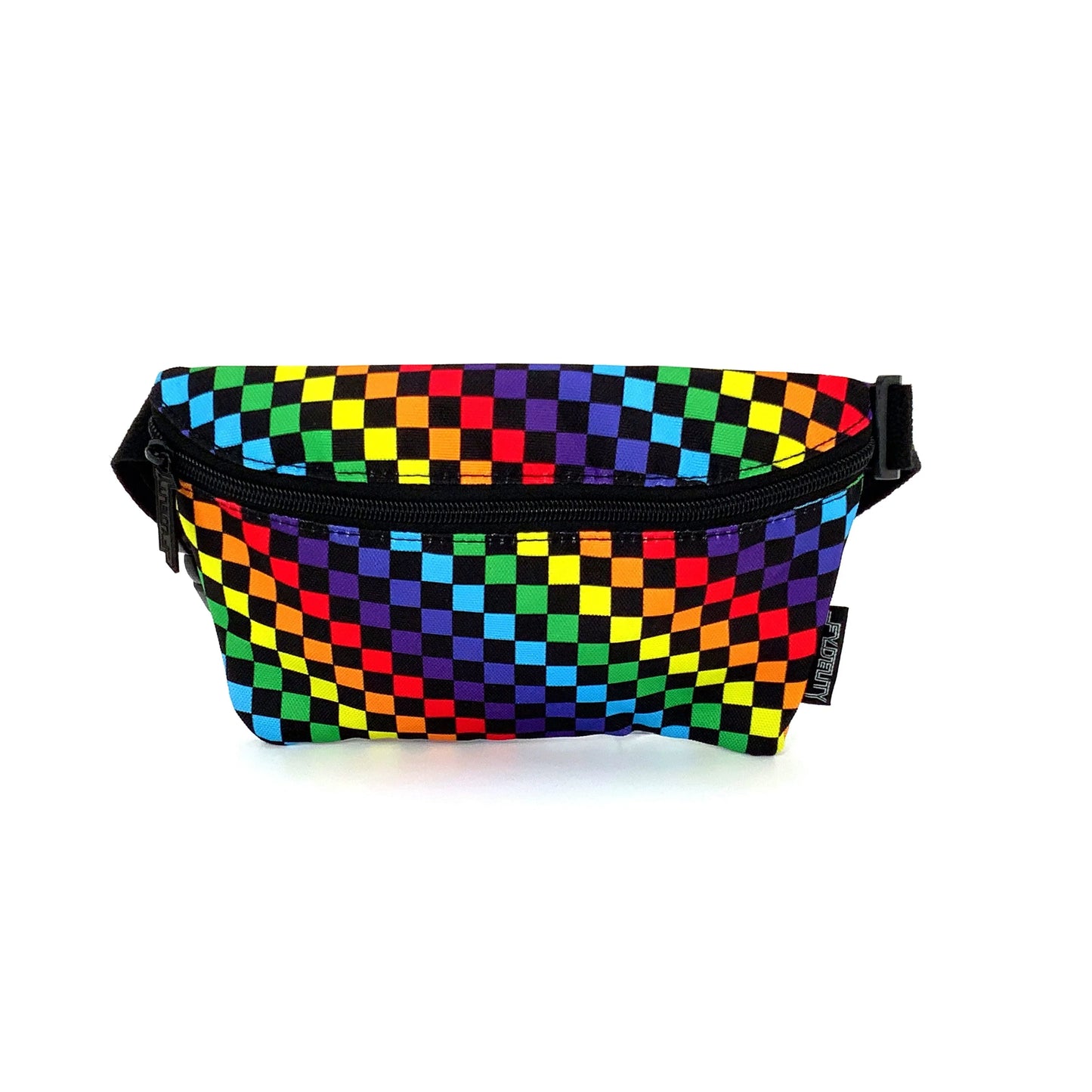 Ultra slim fanny pack with vibrant rainbow checkered pattern black zipper and adjustable strap for hands free use
