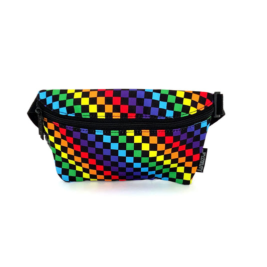 Ultra slim fanny pack with vibrant rainbow checkered pattern black zipper and adjustable strap for hands free use