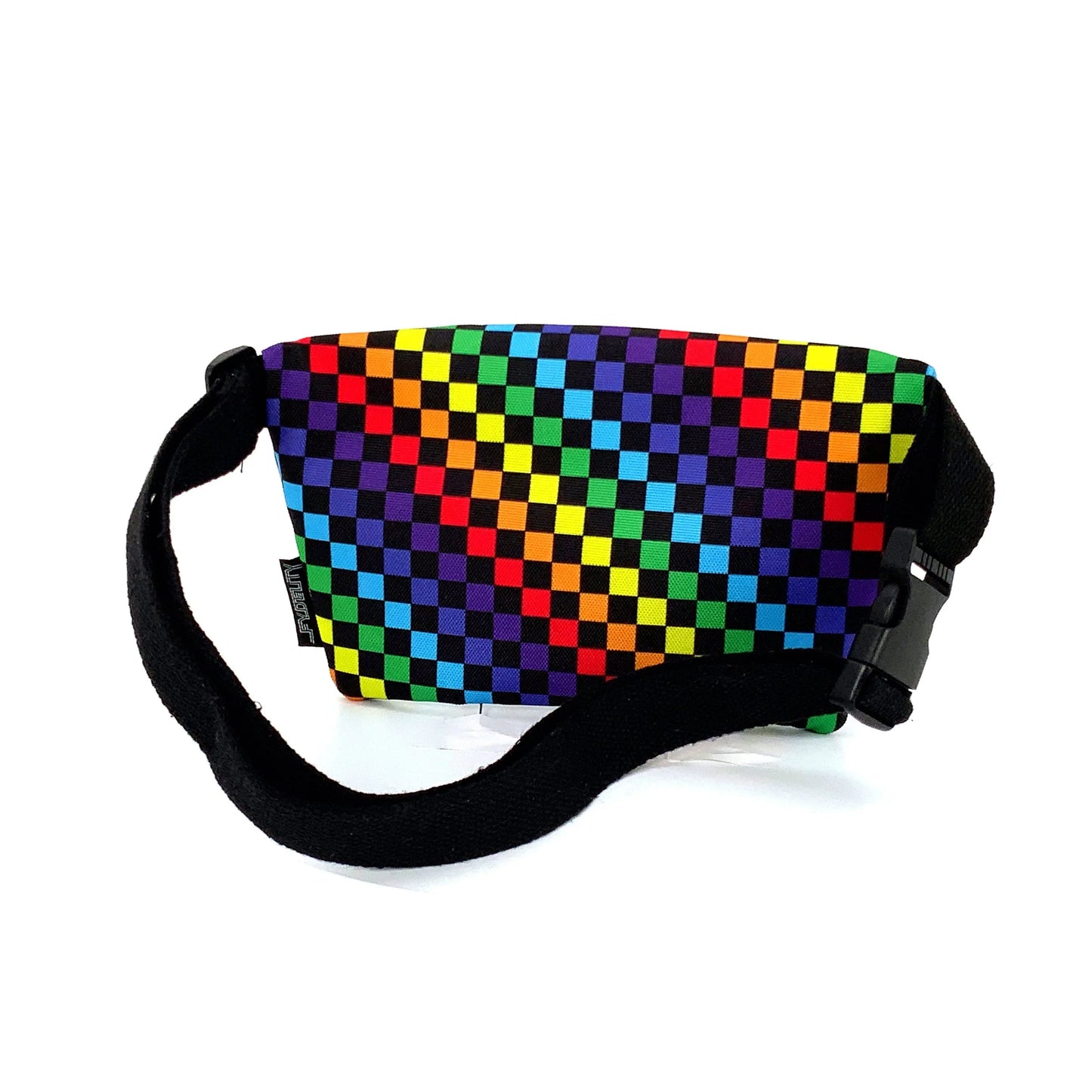 Ultra slim fanny pack rainbow checkered design with black adjustable strap and buckle for hands-free carrying