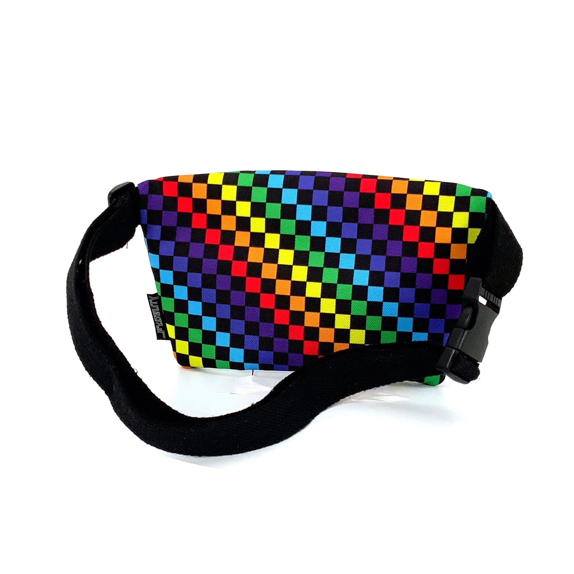 Ultra slim fanny pack rainbow checkered design with black adjustable strap and buckle for hands-free carrying