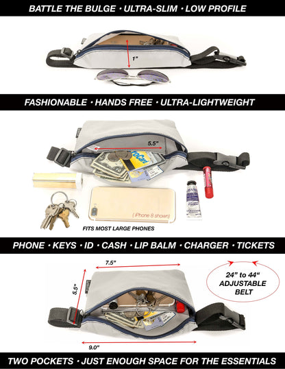Gray ultra slim fanny pack with black straps and blue trim designed for hands-free carrying and convenience