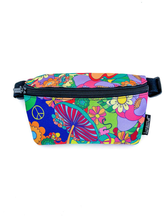 Ultra slim fanny pack with vibrant psychedelic floral and mushroom neon patterns, black zipper, and adjustable strap