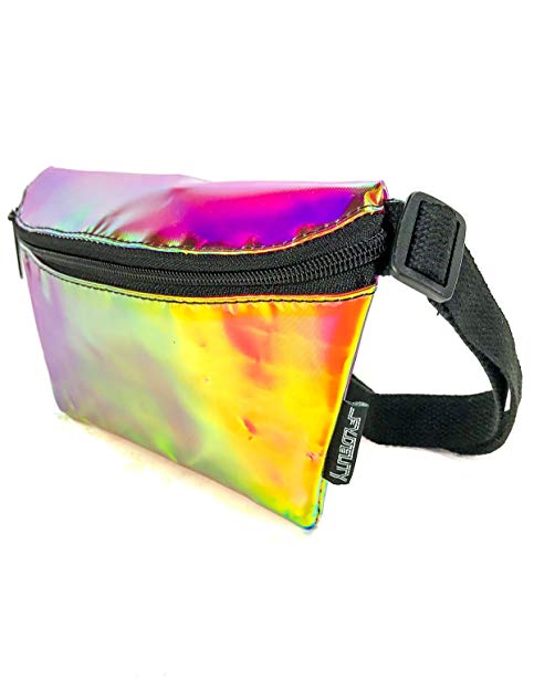 Ultra slim fanny pack with vibrant holographic rainbow iridescent finish black zipper and adjustable strap