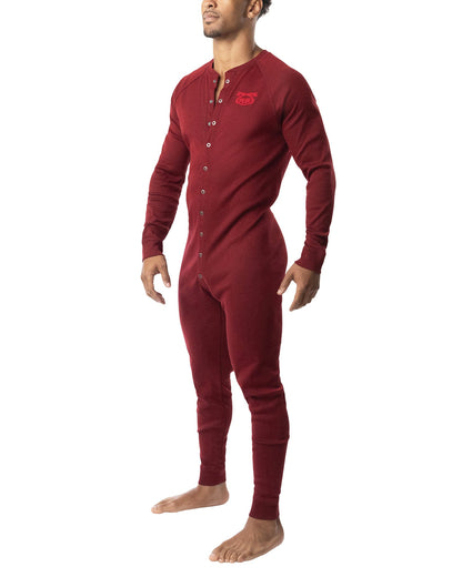 A maroon long-sleeved one-piece thermal union suit 2.0 with button-down front and embroidered chest logo