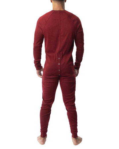 A maroon long-sleeved thermal union suit 2.0 with buttoned back closure shown from the back side