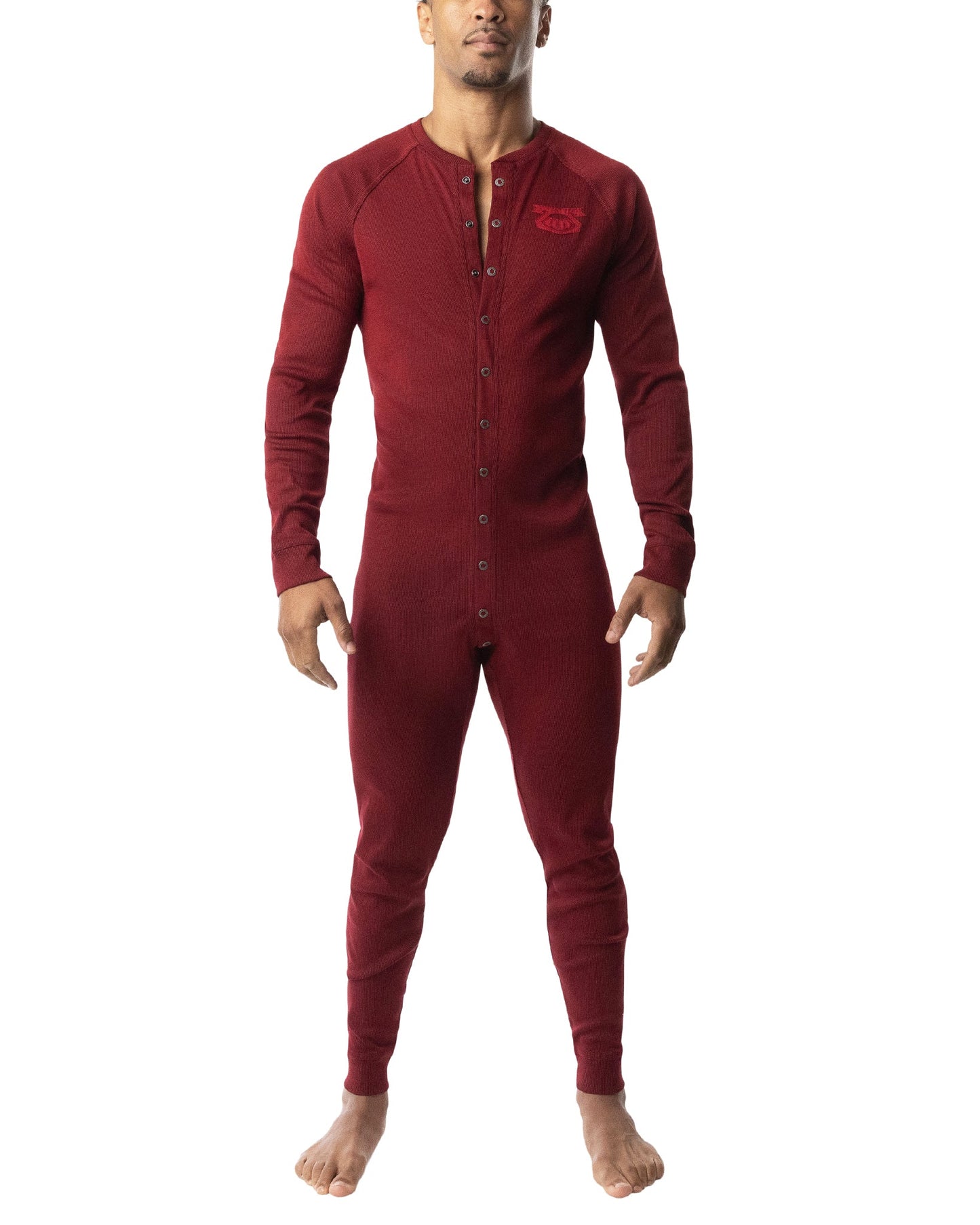 Maroon long-sleeved one-piece thermal union suit 2.0 with button front and embroidered chest logo for warmth