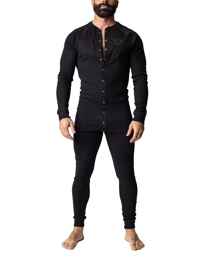Black long-sleeved henley-style thermal union suit with button-front and subtle chest embroidery for warmth