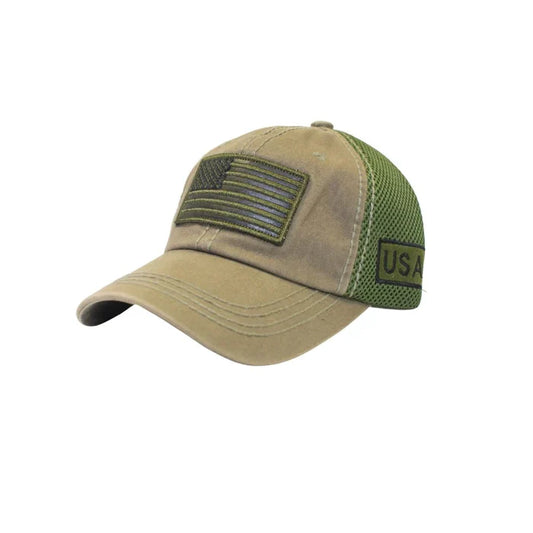 Tan and olive green mesh usa baseball cap with embroidered american flag patch and usa label on the side