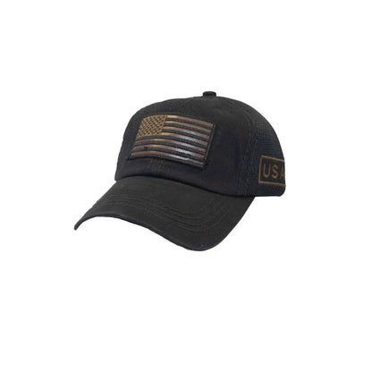 Black baseball cap with distressed american flag patch and usa label on the side for patriotic wear