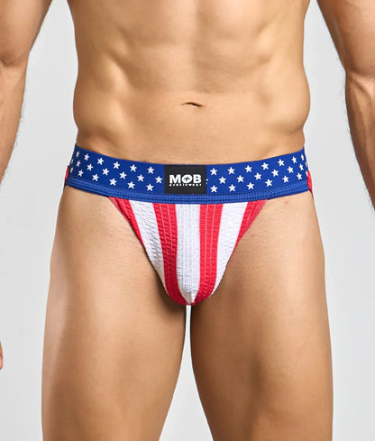 Blue red and white american flag mens jockstrap with textured fabric waistband featuring mob brand logo