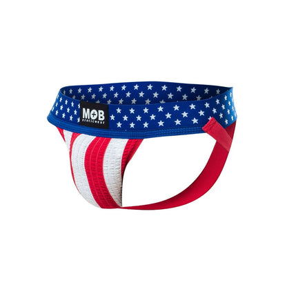 USA flag mens jockstrap featuring red white and blue athletic briefs with a star-spangled waistband from mob eroticwear