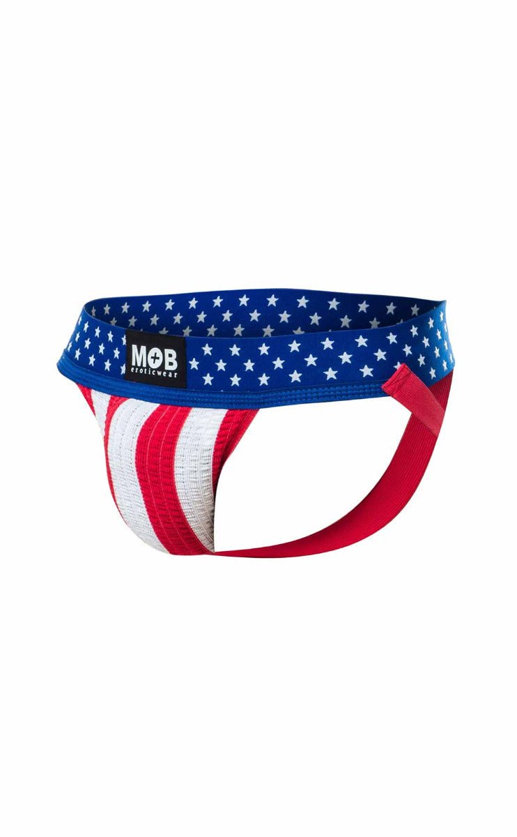 Usa flag mens jockstrap with red white and blue star-spangled waistband and athletic brief design