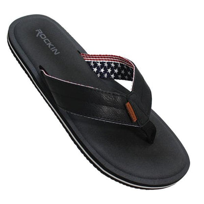 Black leather flip-flop usa sandal with red white and blue star-patterned strap and orange brand tag