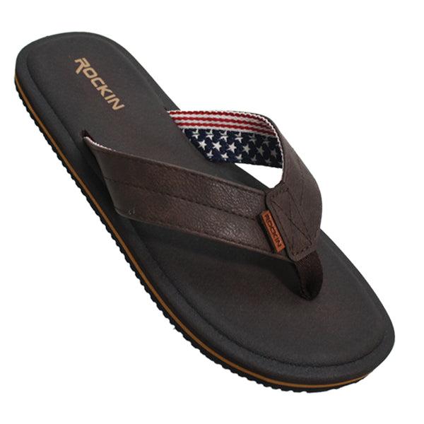 Brown leather usa sandal flip-flop with american flag strap and rockin embroidered on the insole