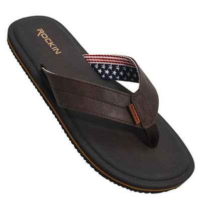 Brown leather usa sandal flip-flop with american flag strap and rockin embroidered on the insole