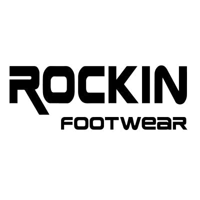 Black rockin footwear logo in bold modern typography on the usa sandal brown leather slip-on