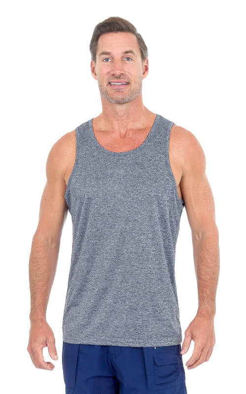 Uzzi dri-fit tank top is a gray heathered sleeveless athletic shirt with a simple round neckline for active wear