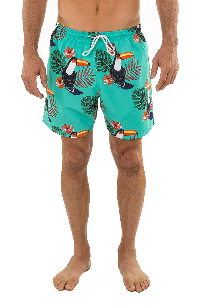 Teal UZZI microfiber short swim trunks with vibrant tropical toucan and leaf print and white drawstrings