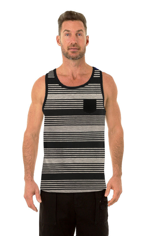 Uzzi pocket tank top black and gray striped sleeveless shirt with a black left pocket for casual wear