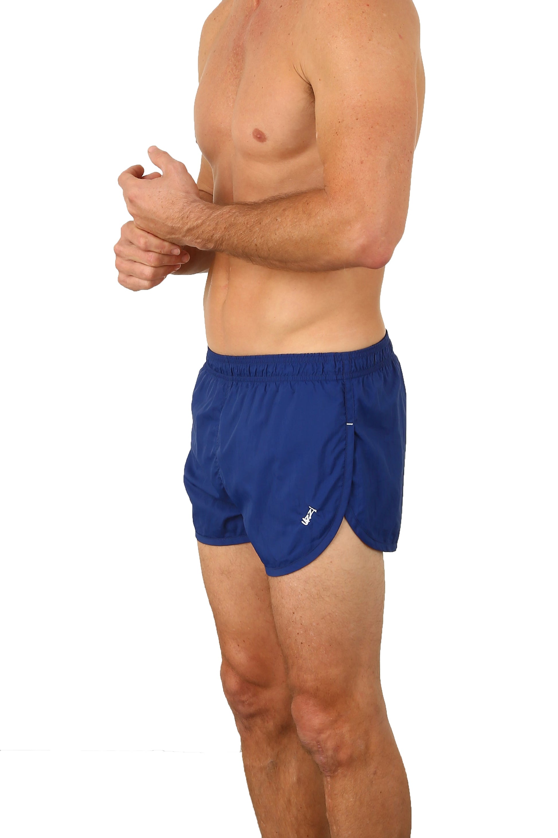 Uzzi running short in blue athletic fabric with a subtle white logo on the lower left leg for running use