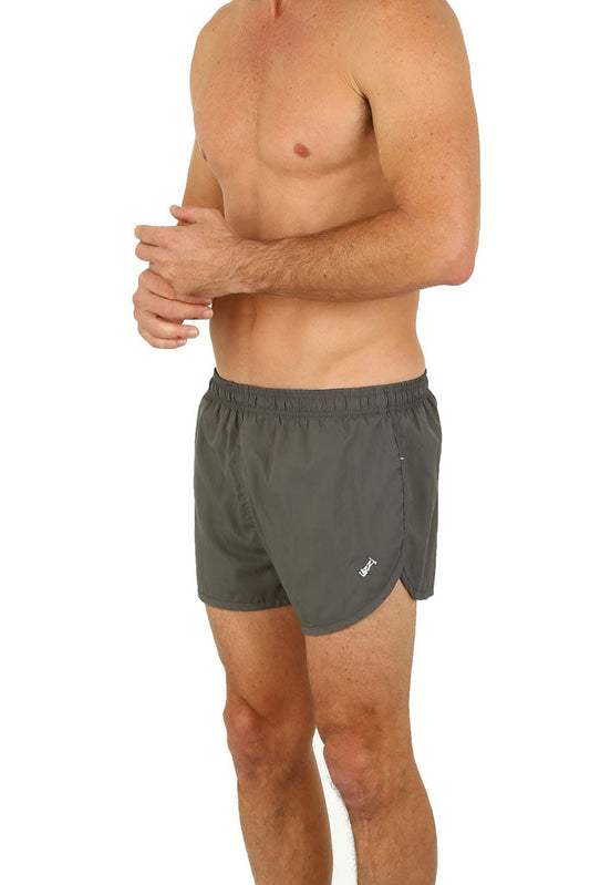 Dark gray uZZi running shorts with a subtle logo on the lower left leg designed for athletic use