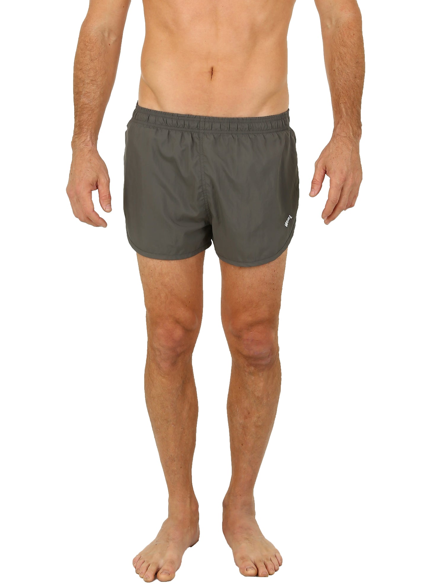 Uzzi running short in dark gray with elastic waistband and small white logo on the lower right leg for athletic use