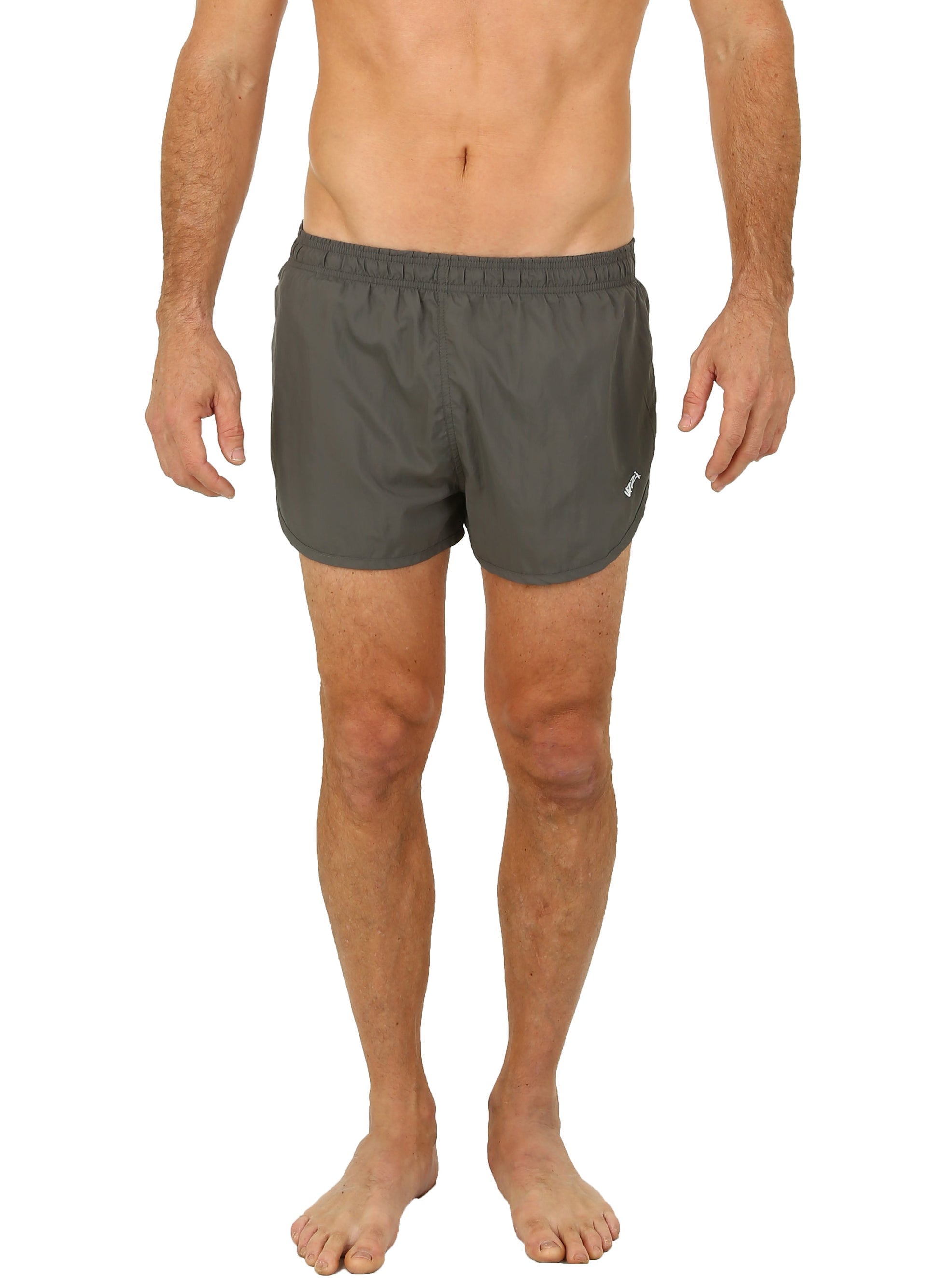 Uzzi running short in dark gray with elastic waistband and small white logo on the lower right leg for athletic use