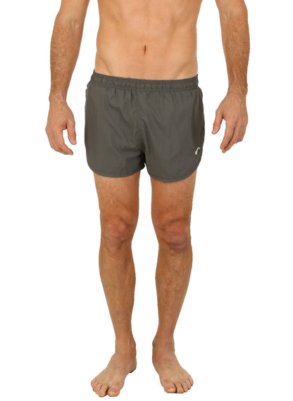 Uzzi running short in dark gray with elastic waistband and small white logo on the lower right leg for athletic use
