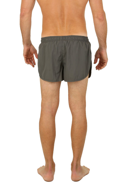 Gray Uzzi running shorts with an elastic waistband and lightweight streamlined design for athletic use