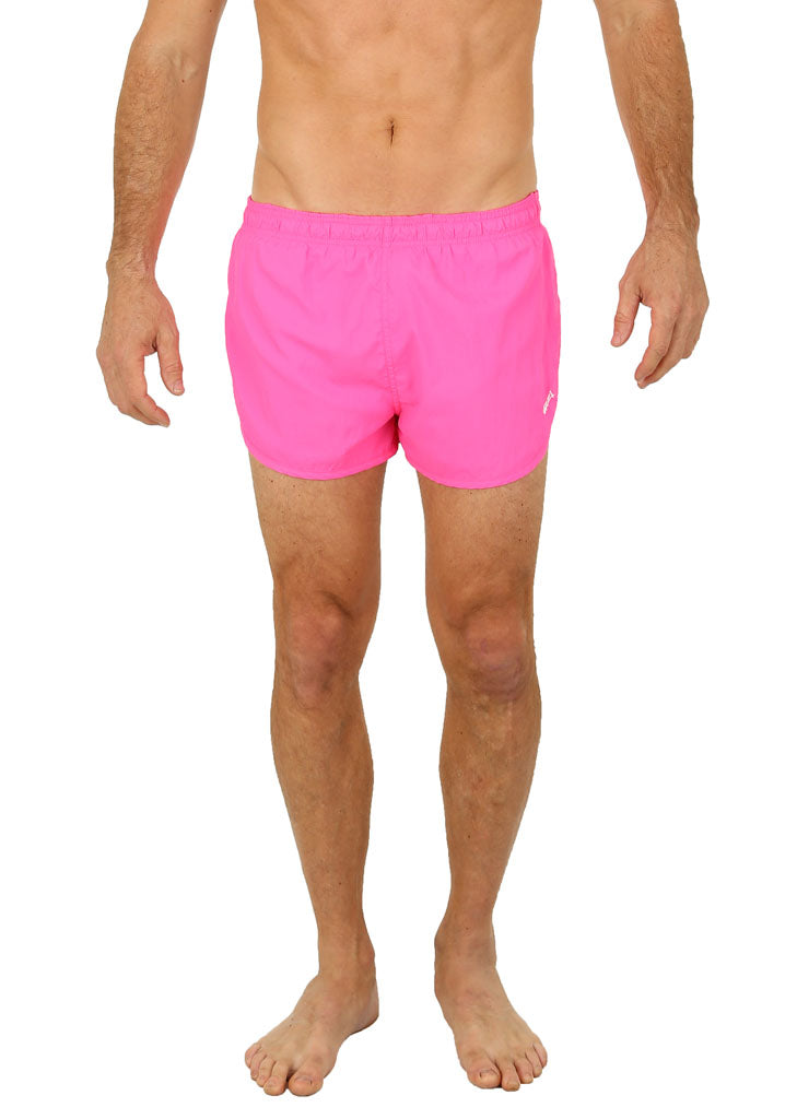 UZZI running short bright pink swim trunks with elastic waistband and subtle white logo on the side